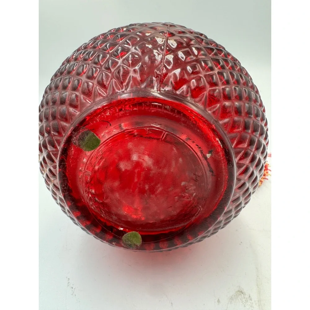 Vintage Ruby Red Diamond Point Glass Decanter with Stopper and Tassel Accent
